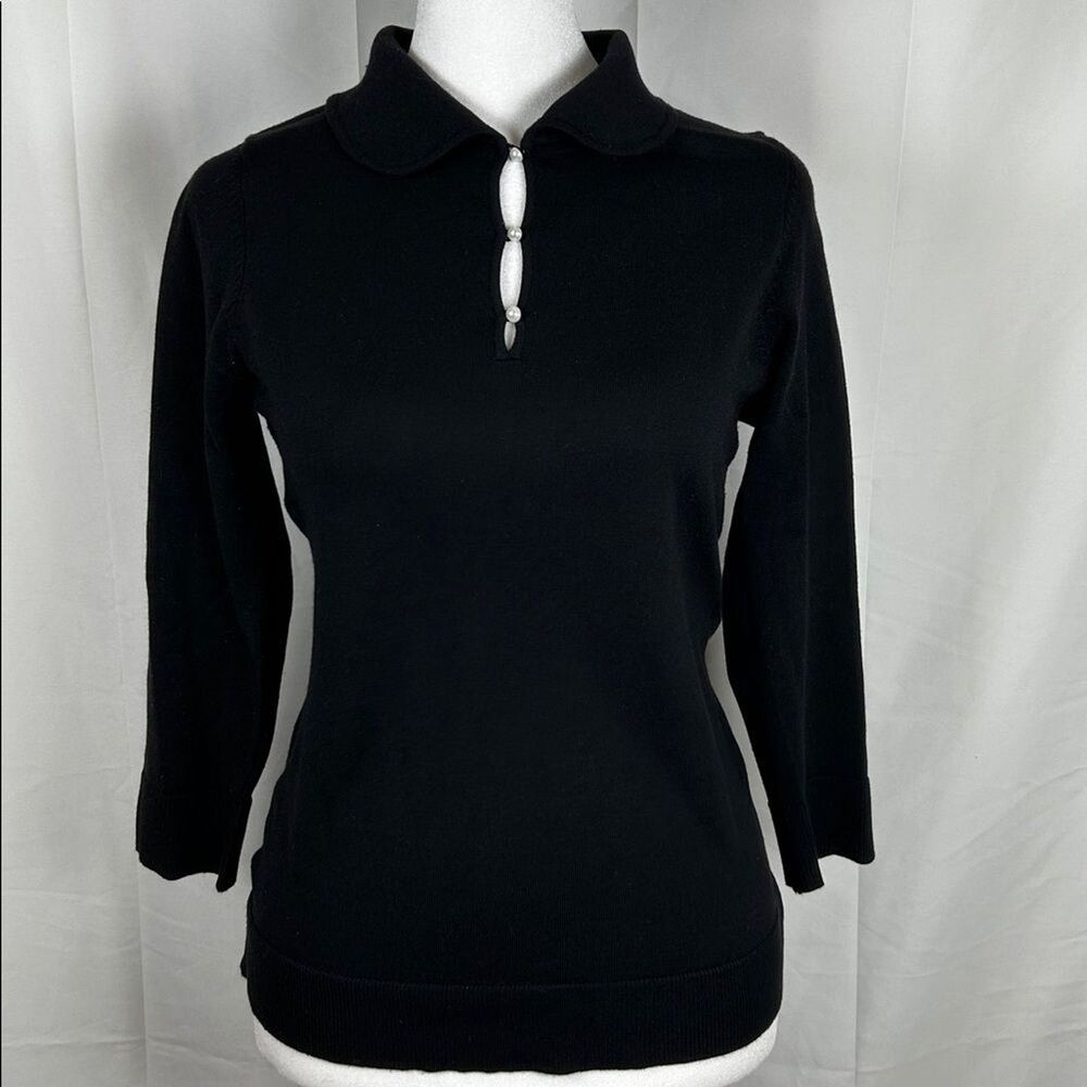 INC Black Silk Sweater Women’s Medium Pearl Button Collar 3/4 Sleeves